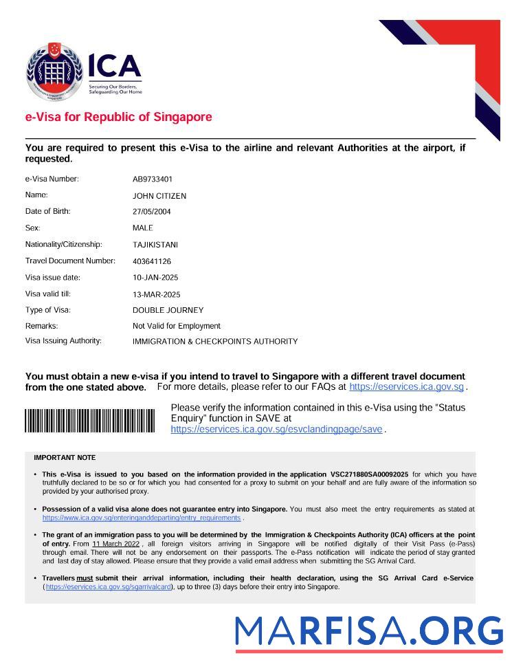 Printable Singapore e visa template in Word and Pdf formats, version 2